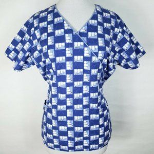 Dickies Blue Snowman Mock Wrap 3 Pocket Scrub Top